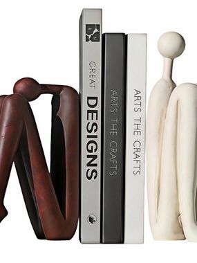 Abstract Thinker Statue Figurine Bookends in Brown and Cream